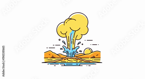 Stylized eruption of water and steam from a geyser in a desert landscape