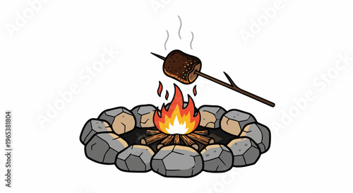 Cartoon campfire with a marshmallow on a stick being roasted over the flames