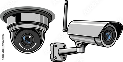 Two surveillance cameras, one dome, one outdoor bullet style, on white
