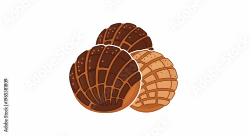 Three sweet pastries, one dark, two light, with distinctive shell patterns