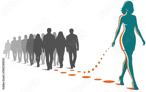 Woman leads group, leaving a trail of dotted footsteps