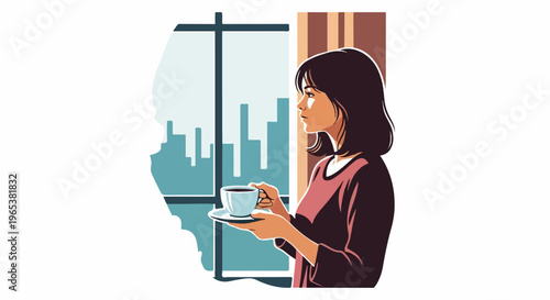 Woman with coffee looking at city skyline through window