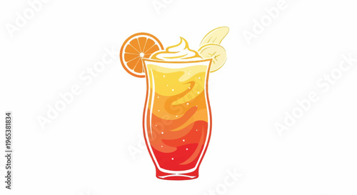 Colorful layered tropical beverage with fruit garnishes
