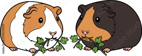 Two adorable cartoon guinea pigs, one ginger and white, one dark brown and tan, are eating green leafy parsley