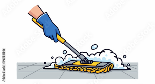Cartoon hand with blue glove cleans tiled floor with soapy mop
