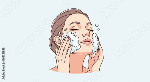 Woman gently washing her face with foam and bubbles