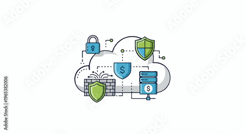 Cloud network security with shields, locks, servers, and dollar signs