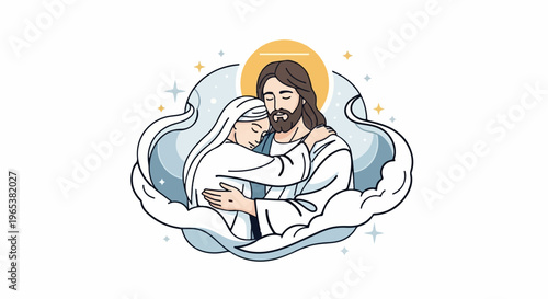 Gentle embrace between Jesus and a woman amidst clouds and stars