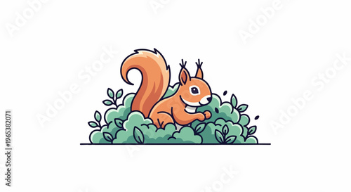 Cute cartoon squirrel resting in green bushes