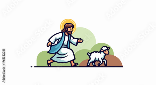 Person in white robe with blue sash, halo, follows a fluffy sheep