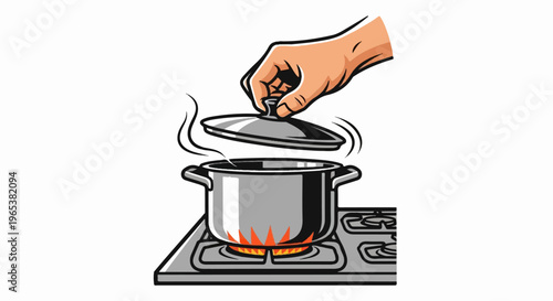 Hand lifting lid off steaming pot on gas stove