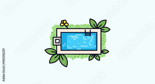 A simple, colorful illustration of a swimming pool surrounded by green foliage