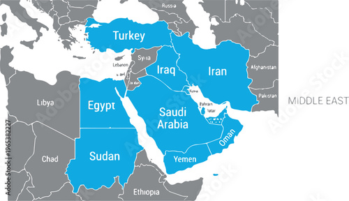A map of the Middle East region highlighting several countries including Turkey, Egypt, Sudan, Iraq, Saudi Arabia, Iran and Yemen in blue on a grey background