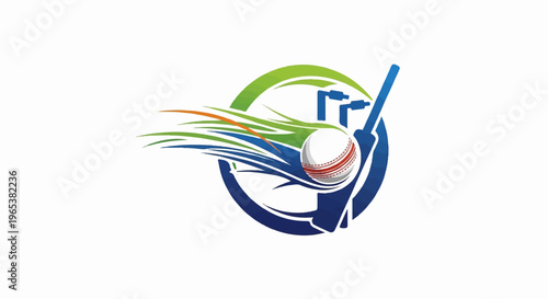 Dynamic cricket logo with bat, ball, and stylized wickets