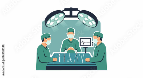 Medical team performs surgery under bright lights, with instruments and monitor