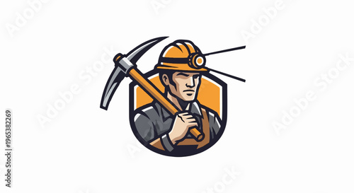 Miner with pickaxe and headlamp in shield