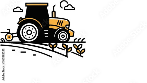 A stylized black and yellow tractor plows a field with crops