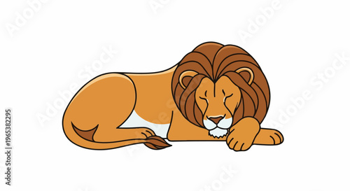 A stylized cartoon lion with a brown mane rests peacefully on a white background