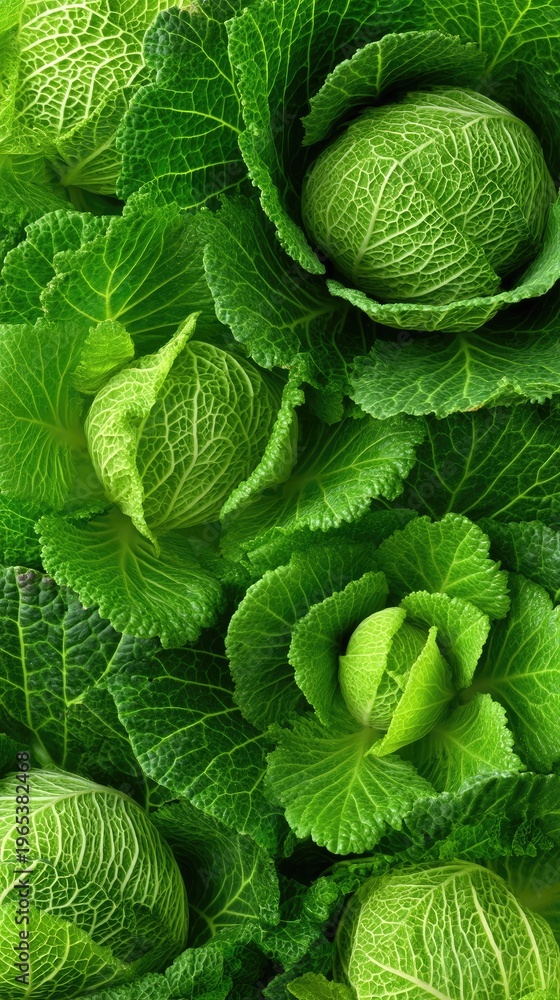 Fototapeta premium Green cabbage growing in a vegetable garden viewed from above during mid-day in a close-up shot with high detail