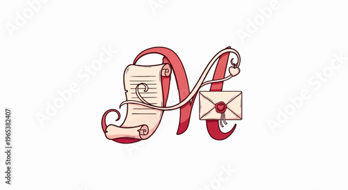Ornate letter 'M' with scroll, sealed envelope, and heart