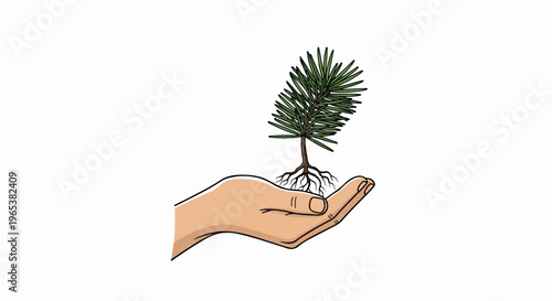 Hand holding a small evergreen seedling with visible roots