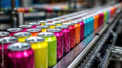 Colorful soda cans moving along beverage production line