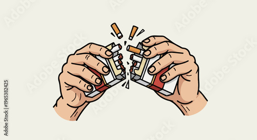 Hands break open a pack of cigarettes, releasing loose tobacco and filter tips