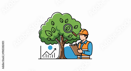 Person in hard hat inspecting tree with magnifying glass, graph