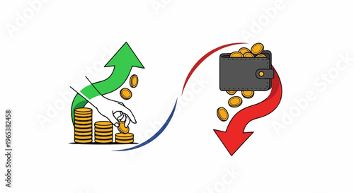 Hand stacking coins upward, while wallet drops coins downward