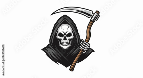 Grim reaper figure with cracked skull and scythe