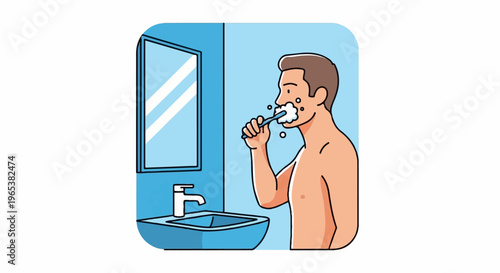 Man brushing teeth in bathroom with sink and mirror