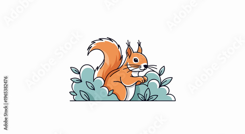 Adorable orange squirrel peeking out from behind light blue bushes