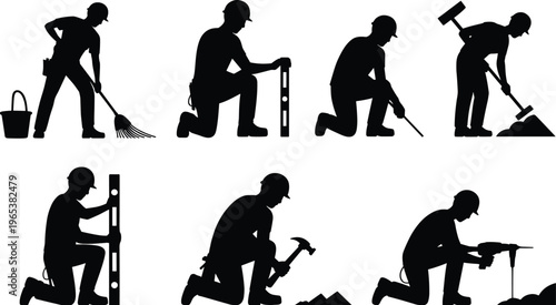 Construction workers silhouettes set with builders kneeling and using tools like spirit level hammer drill and rake for building works
