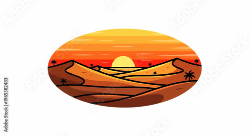 Pixelated desert dunes at sunset with palm trees under an orange sky