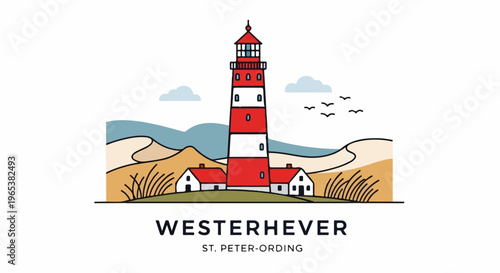 Red and white striped lighthouse beside small houses in a stylized coastal landscape