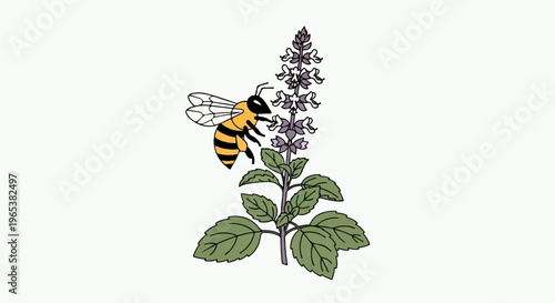 An illustration of a bee hovering near a blooming plant with purple flowers