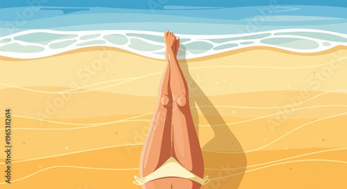 Person relaxing on a sandy beach with the ocean waves gently lapping ashore