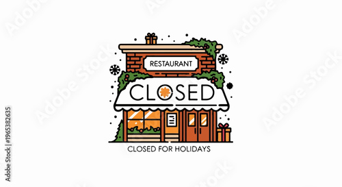 Festive restaurant closed for holidays, with snow and gifts