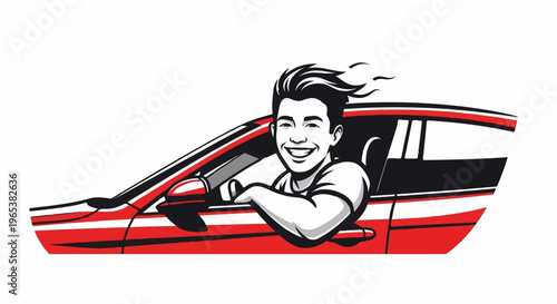 Smiling man with windswept hair driving a red sports car
