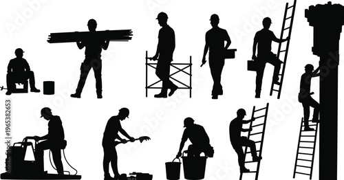 Construction workers silhouettes set with builders on ladders scaffolding carrying materials and using tools for industrial building site repair works