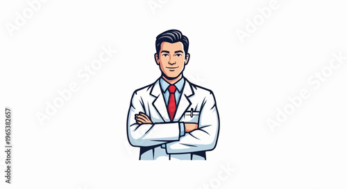 Cartoon man in white coat and red tie with arms crossed