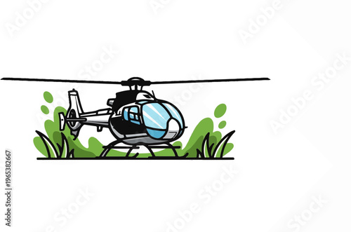 Cartoon helicopter lands in lush green grass