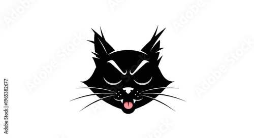 Fierce black cat face with tongue sticking out on white