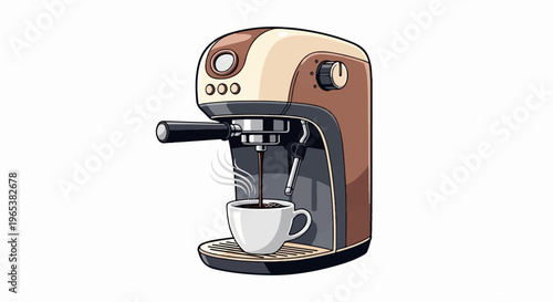 Retro coffee machine brewing a cup of hot, steaming espresso