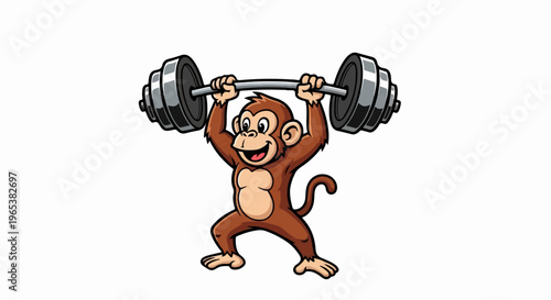 Cartoon monkey lifting a heavy barbell with both hands