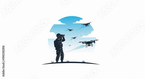 Silhouette of person with binoculars watching drones fly in a blue sky