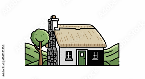 Simple thatched-roof cottage nestled in rolling green hills with a tree