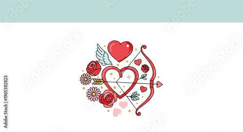 Cupid's arrow pierces heart surrounded by roses, flowers, and wings