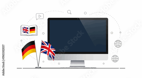 Computer monitor displays language learning tools with flags