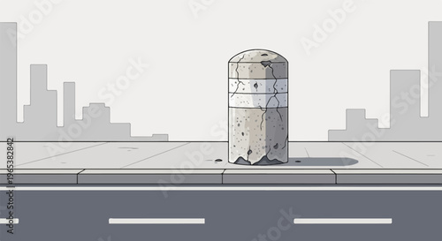 Cracked concrete bollard on a sidewalk with a gray cityscape backdrop
